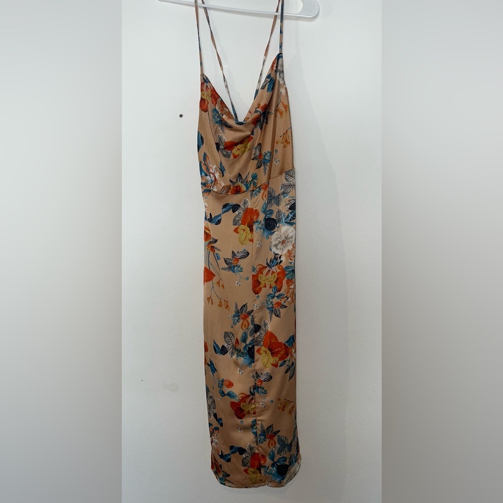 Boohoo NWT Satin Floral Print Cowl Flute Hem Slip Dress